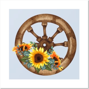 Rustic Sunflower Western Country Wagon Wheel Posters and Art
